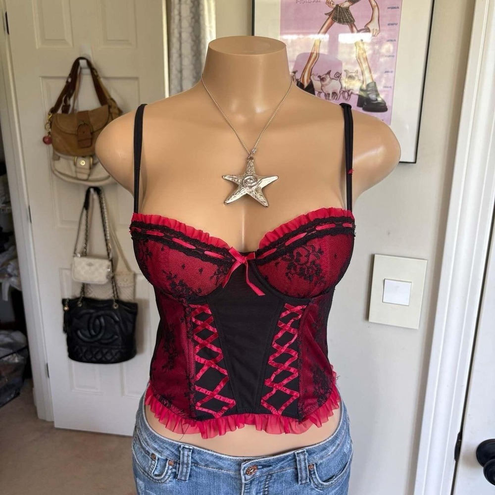 Y2K 2000s romantic Red Black Lace Corset Bustier Top
